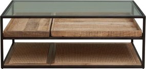 Măsuță de cafea dreptunghiulară din lemn de mango și metal, natur și negru, cu blat din sticlă, finisaj mat, 45 x 120 x 70 cm, „Fusion”