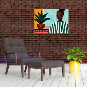 Tablou pe sticlă - Femeie cu floare (70x50 cm)