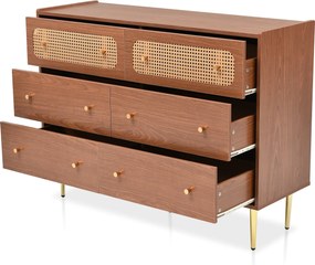 Comodă vintage cu 6 sertare și detalii din ratan, mânere din metal pentru dormitor și living, 120x40x90 cm, Culoare naturală