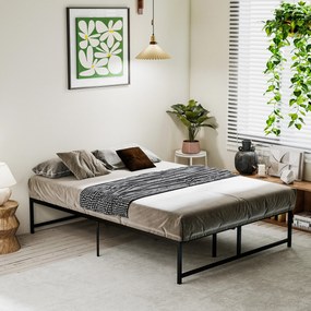 HOMCOM Cadru de pat dublu 140 x 190 cm, pat dublu 2 persoane din otel, inaltime 31 cm cu depozitare, somiera cu lamele, negru | Aosom Romania