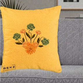 Perna Decorativa Buchet Primavara Acuarela, 40x40 cm, Galben, Husa Detasabila, Perna Inclusa, BEKZ®