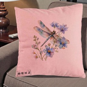 Perna Decorativa Libelula Acuarela Flori Albastre, 40x40 cm, Roz, Husa Detasabila, Perna Inclusa, BEKZ®