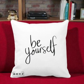 Perna Decorativa Be Yourself Caligrafie Neagra, 40x40 cm, Alba Mata, Husa Detasabila, Perna Inclusa, BEKZ®