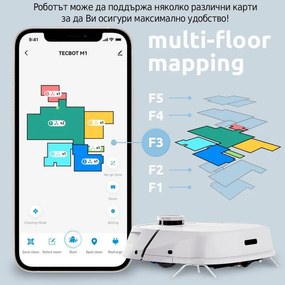 Robot aspirator Tecbot M1, Li-ion 5200 mAh, 4000 Pa, 0.5 l, HEPA, Wi-Fi, Autonomie pana la 160 min, Mop cu auto-curățare, Negru