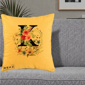 Cadou Personalizat - Perna Personalizata Monogram Litera K cu Flori Acuarela, 40x40 cm, Galben, Husa Detasabila, Perna Inclusa, BEKZ®