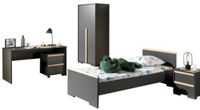 Set LONDON în culoarea antracit format dintr-un Pat copii (90x200) cu noptieră, Dulap camera copii cu 2 uși și birou cu cărucior de birou.