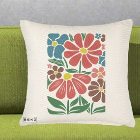 Perna Decorativa Flori Grafice Colorate Retro, 40x40 cm, Crem Reliefat, Husa Detasabila, Perna Inclusa, BEKZ®