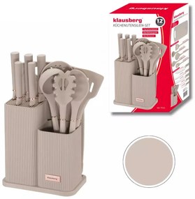 Set cutite si ustensile Klausberg KB 7935, Tocator si suport, 12 piese, Bej