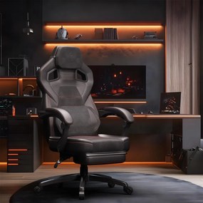 DOWINX Scaun gaming, ergonomic, suport lombar cu masaj, Șezut cu Arcuri Metalice și Spumă, Spătar înalt, rabatabil 90°-145°, Suport picioare, rezistent 150 kg, material PU respirabil, Negru