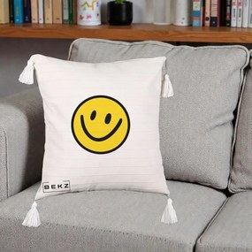 Perna Decorativa Smiley Face Galben Clasic, 40x40 cm, Bej cu Franjuri, Husa Detasabila, Perna Inclusa, BEKZ®
