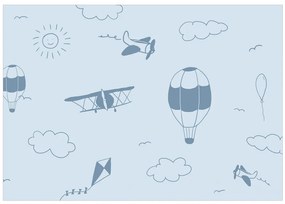 Fototapet - Zbor în cer - avioane desenate pe fundal albastru cu nori