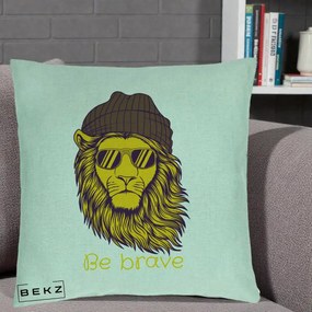 Perna Decorativa Leu Hipster Be Brave, 40x40 cm, Verde Menta, Husa Detasabila, Perna Inclusa, BEKZ®