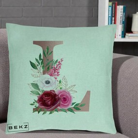 Cadou Personalizat - Perna Personalizata Monograma Rose Gold Litera L, 40x40 cm, Verde Menta, Husa Detasabila, Perna Inclusa, BEKZ®