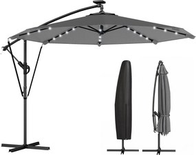 Outsunny Umbrelă Excentrică cu Lumină LED Solară 330x295 cm Umbrelă cu Bază Încrucișată Manivelă Husă Protectoare Gri Închis | Aosom Romania