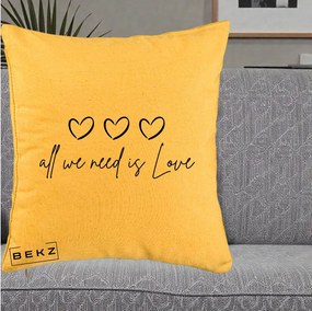 Perna Decorativa All We Need Is Love, 40x40 cm, Galben, Husa Detasabila, Perna Inclusa, BEKZ®