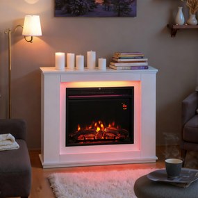HOMCOM Șemineu Electric cu Flacără în 12 Culori și 5 Niveluri de Luminozitate, Telecomandă și Timer, 98x25x80 cm, Alb și Negru | Aosom Romania