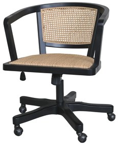 Scaun de birou, din lemn de mesteacan si rattan, negru, cu aspect vintage, Old French