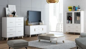 Camera de zi Charlotte G112 Sonoma stejar, Alb, Piese individuale, Cu comodă tv, Cu componente suplimentare, Sticlă călită, PAL laminat, 234 kg