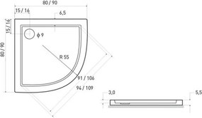 Cădiță de duș universală curbată ARON90 90x90x5,5 cm