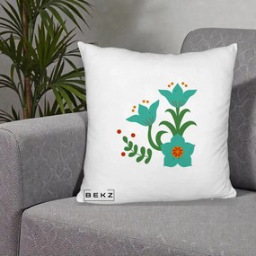 Perna Decorativa Flori Stilizate Folk Turcoaz, 40x40 cm, Alb Pufos, Husa Detasabila, Perna Inclusa, BEKZ®