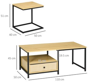 Set 2 piese cu masuta de cafea si masa laterala in forma de C din otel si PA, culoarea lemnului HOMCOM | Aosom RO