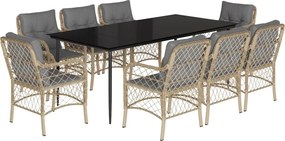 vidaXL Set de masă pentru grădină, 9 piese, cu perne, bej, poliratan