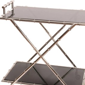 Cărucior de servire din oțel și sticlă, argintiu, cu două rafturi din sticlă, pe roți, cu picioare încrucișate, finisaj patinat, 88 x 82 x 56 cm,
