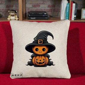 Perna Decorativa Halloween Dovleac Vrajitor Kawaii, 40x40 cm, Bej Canapea, Husa Detasabila, Perna Inclusa, BEKZ®