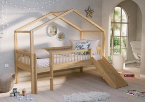 Pat Casă Înălțat Forrest Oak 90x200 cm, pentru Camera Copii, din Lemn de Stejar, Natur, cu Tobogan și Set Textil – Vipack