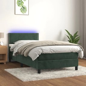 3134318 vidaXL Pat cu arcuri, saltea și LED, verde închis, 90x190 cm, catifea