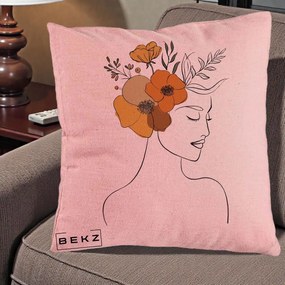 Perna Decorativa Portret Feminin Flori Galbene-Portocalii, 40x40 cm, Roz, Husa Detasabila, Perna Inclusa, BEKZ®