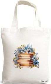 Sacosa de Panza pentru Cumparaturi, Geanta Tote, model Books and flowers 16 38 x 34.5 cm, Alba, BEKZ®