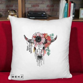 Perna Decorativa Craniu Boho Floral, 40x40 cm, Alb Pufos, Husa Detasabila, Perna Inclusa, BEKZ®