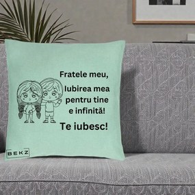 Cadou pentru Frate - Perna Personalizata Fratele Meu Te Iubesc Copii Anime Line Art Negru, 40x40 cm, Verde Menta, Husa Detasabila, Perna Inclusa, BEKZ®