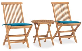 Set mobilier exterior pliabil cu perna, 3 piese, lemn masiv tec Albastru, 3