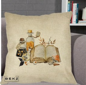 Perna Decorativa Grimoire Vrajitoare si Filtre Magice Halloween, 40x40 cm, Crem, Husa Detasabila, Perna Inclusa, BEKZ®