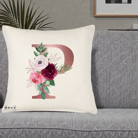 Cadou Personalizat - Perna Personalizata Monograma Rose Gold Litera P, 40x40 cm, Crem Reliefat, Husa Detasabila, Perna Inclusa, BEKZ®