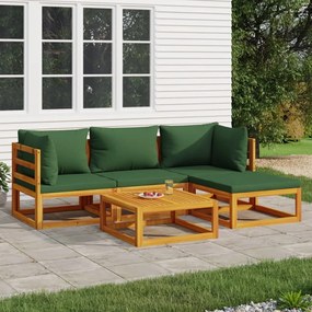 Set mobilier de gradina cu perne verzi, 5 piese, lemn masiv