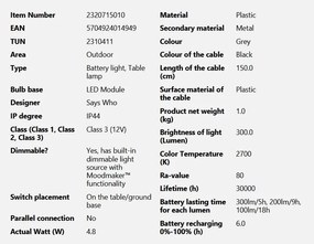 Veioza LED portabila de exterior design nordic IP44 Sponge Battery gri