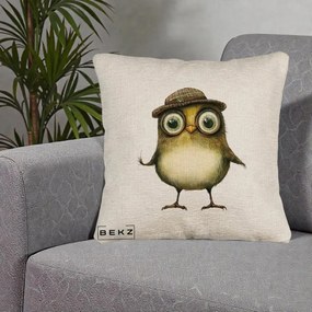 Perna Decorativa Pui Intelectual cu Palarie Tweed, 40x40 cm, Bej Canapea, Husa Detasabila, Perna Inclusa, BEKZ®