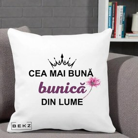 Cadou pentru Bunica - Perna Personalizata Cea Mai Buna Bunica Din Lume Coroana Mov Floare Roz, 40x40 cm, Alba Mata, Husa Detasabila, Perna Inclusa, BEKZ®