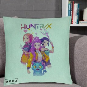 Perna Personalizata K-pop HUNTRX Trio Foto cu Pisica, 40x40 cm, Verde Menta, Husa Detasabila, Perna Inclusa, BEKZ®