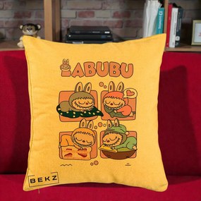 Perna Personalizata Labubu Sleeping Quad Grid, 40x40 cm, Galben, Husa Detasabila, Perna Inclusa, BEKZ®