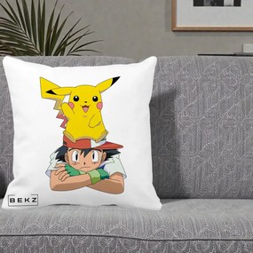 Perna Personalizata Ash si Pikachu, 40x40 cm, Alba Mata, Husa Detasabila, Perna Inclusa, BEKZ®