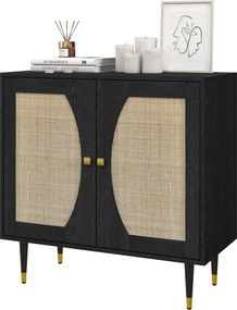 HOMCOM Bufet de bucătărie mobilier de depozitare design boem cu dublă uși și 2 nivele, fațadă din răchită 80 x 38 x 79 cm negru | Aosom Romania