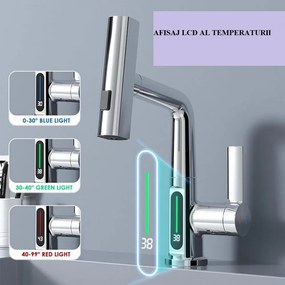 Baterie lavoar, afișaj LCD, 3 tipuri de curgere, pivotant 360°, oțel inoxidabil, reglabil în înălțime, comutator cald și rece, Crom, S3281