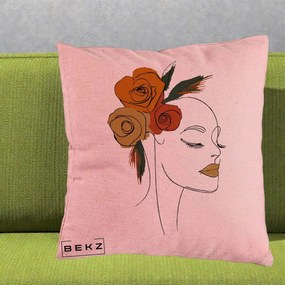 Perna Decorativa Portret Feminin Trandafiri Ruginii, 40x40 cm, Roz, Husa Detasabila, Perna Inclusa, BEKZ®