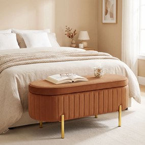 HOMCOM Banchetă Ovală cu Depozitare 72 L, cu Capac Rabatabil, din Material Catifelat și Lemn, 108x44x43,5 cm, Maro Auriu | Aosom Romania