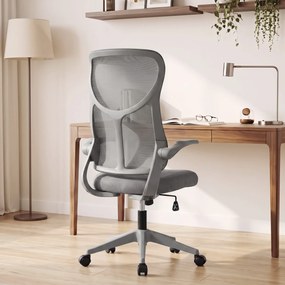 HOMCOM Scaun de birou ergonomic rotativ, cu cotiere rabatabile, funcție de balans, înălțime reglabilă, din plasă, gri | Aosom Romania