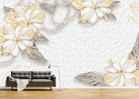 Tapet Premium Canvas - Abstract flori albe cu perle